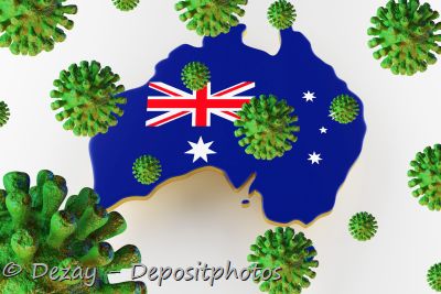 Australian flag in shape of the continent, covered with virus